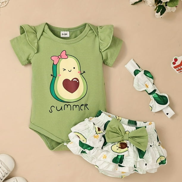 3Pcs Baby Girl Clothes Infant Cotton Outfits - Avocado/sunflower Graphic Lovely Romper + Cute Bow Shorts Dress + Headband, Summer Clothing Set