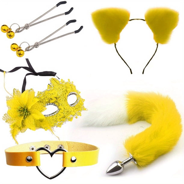 4pcs Couple Flirting Kit - Fox Ear Headband, Tail Anal Plug, Eye Mask, and Nipple Clamp - Sexy Cosplay Costume for Passionate Play