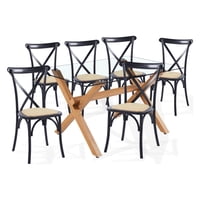 Klik Muebles - Comedor Mesa De Vidrio Cross 140X90 Con 6 Sillas Crossback Madera Rattan Negras