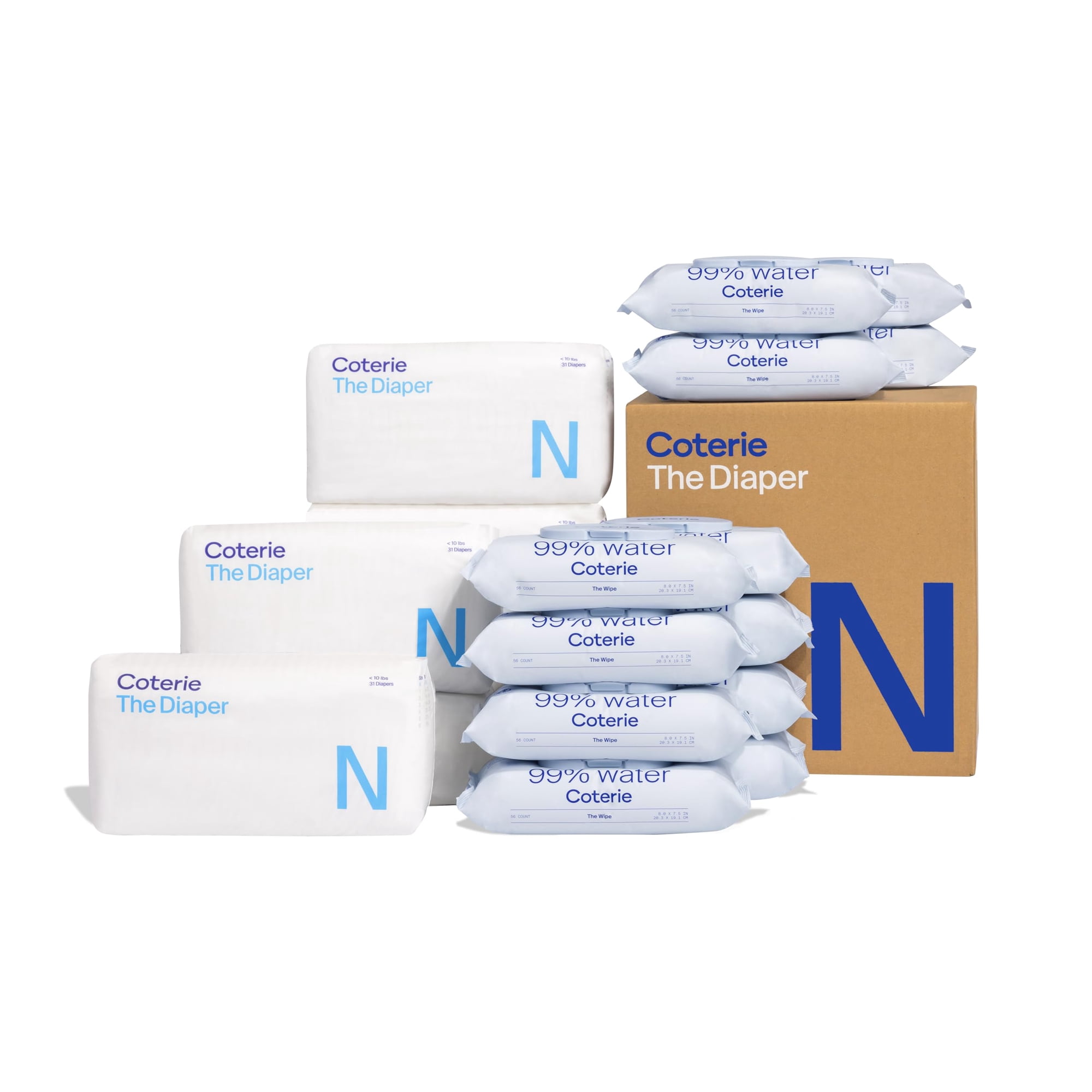 Coterie - Kit De Pañales Y Toallitas Para Bebés, Talla Nb (186 Pañales Y 672 Toallitas)
