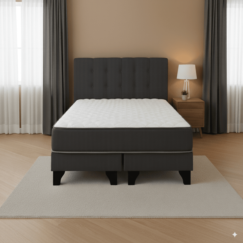 M&e - Cama 2 Plazas Base Europea + Colchón 24 Cm Resortes Bonnell + Respaldo Tapizado