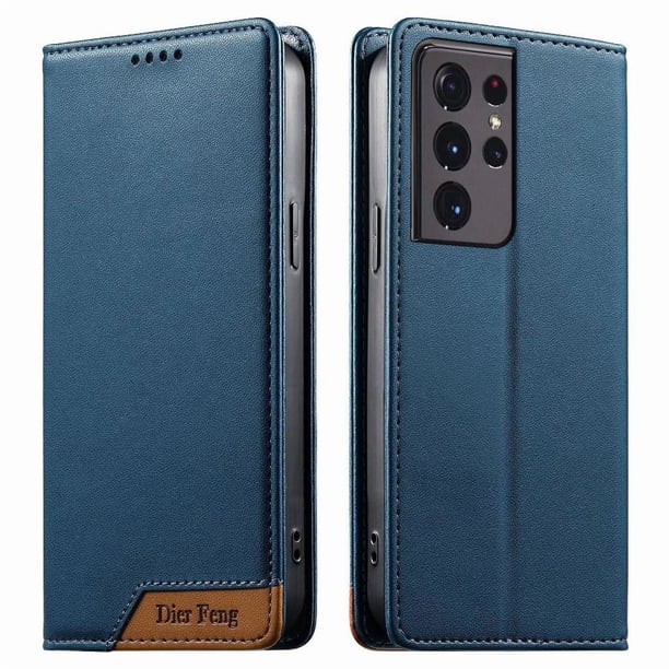 Funda Tipo Cartera de Cuero Sintético para Samsung Galaxy S21 Ultra Bloqueo RFID, con Ranuras para Tarjetas y Bolsillo para Efectivo, Cierre Magnético Fuerte Azul