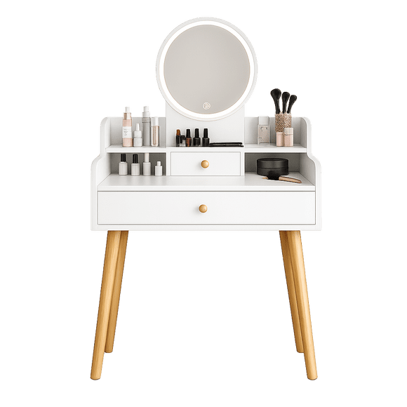 Tocador Moderno con Espejo LED, Cajones Organizadores y Patas de Madera
