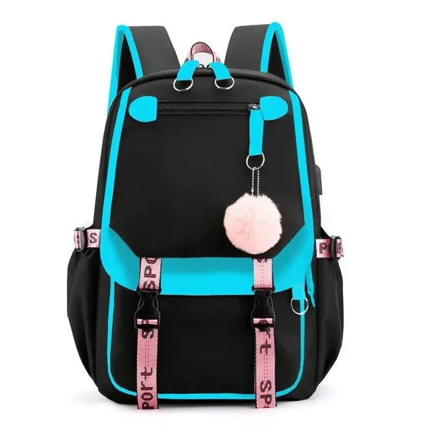 Large School Bags for Teenage Girls USB Port Canvas Schoolbag Student Book Bag Fashion Black Pink Teen School Backpack