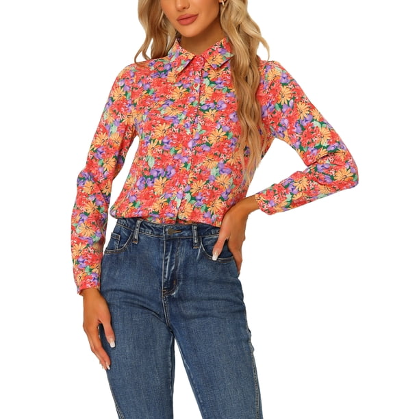 INSPIRE CHIC Camisa de Mujer con Botones, Estampado Floral Pequeño, Manga Larga, Cuello en Punta, Top de Oficina, Talla S, Naranja