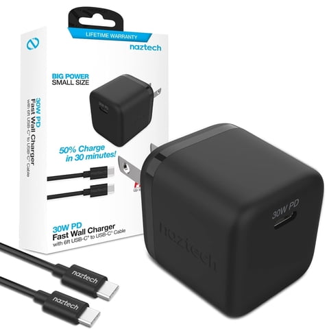 Cargador De Pared Usb-C Pd De 30 W + Cable De Carga De 6 Pies Naztech