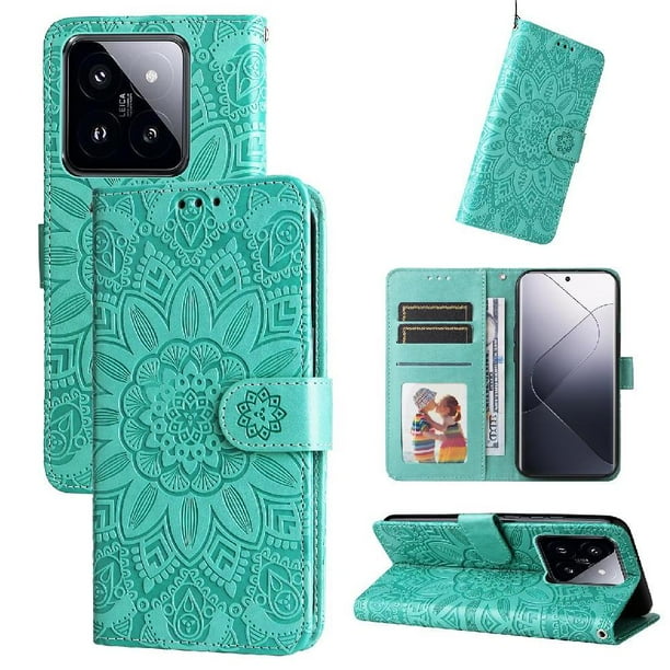 Funda tipo cartera FOXDOCK para Xiaomi 14 Pro , diseño girasol en relieve, cuero PU, cierre magnético, soporte y tarjetero