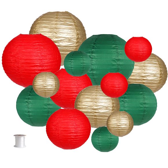 Set de faroles decorativos de papel zilue verde/rojo/dorado, 15 unidades