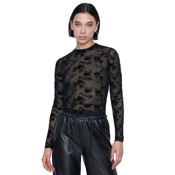 Polera Mujer Malla Manga Larga Flok Negro Corona