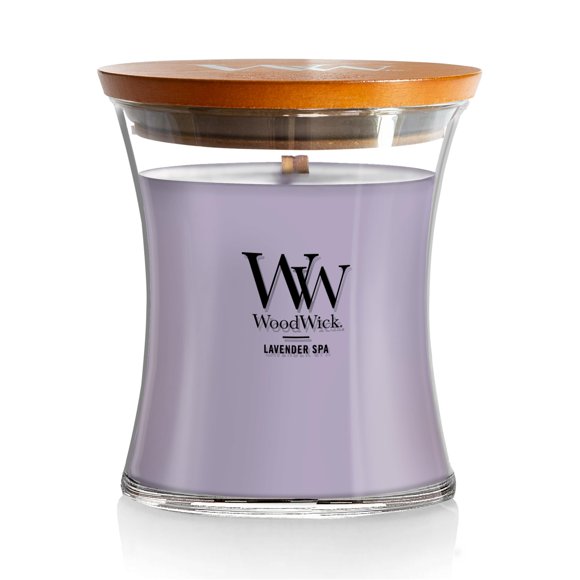 Candle WoodWick, tamaño mediano, con forma de reloj de arena, lavanda, 275 g, 60 h, quemado