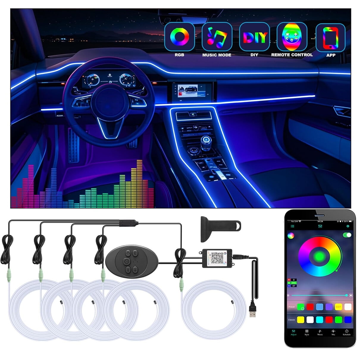 Luces Led Tira Interior Auto Fimker 5 En 1 Rgb App Usb