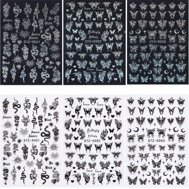 6 Sheets/Pack Holographic Butterfly Nail Stickers Silvery Chrome Effect Laser Stars Sliders For Nails Adhesive Decal Flowers Manicure