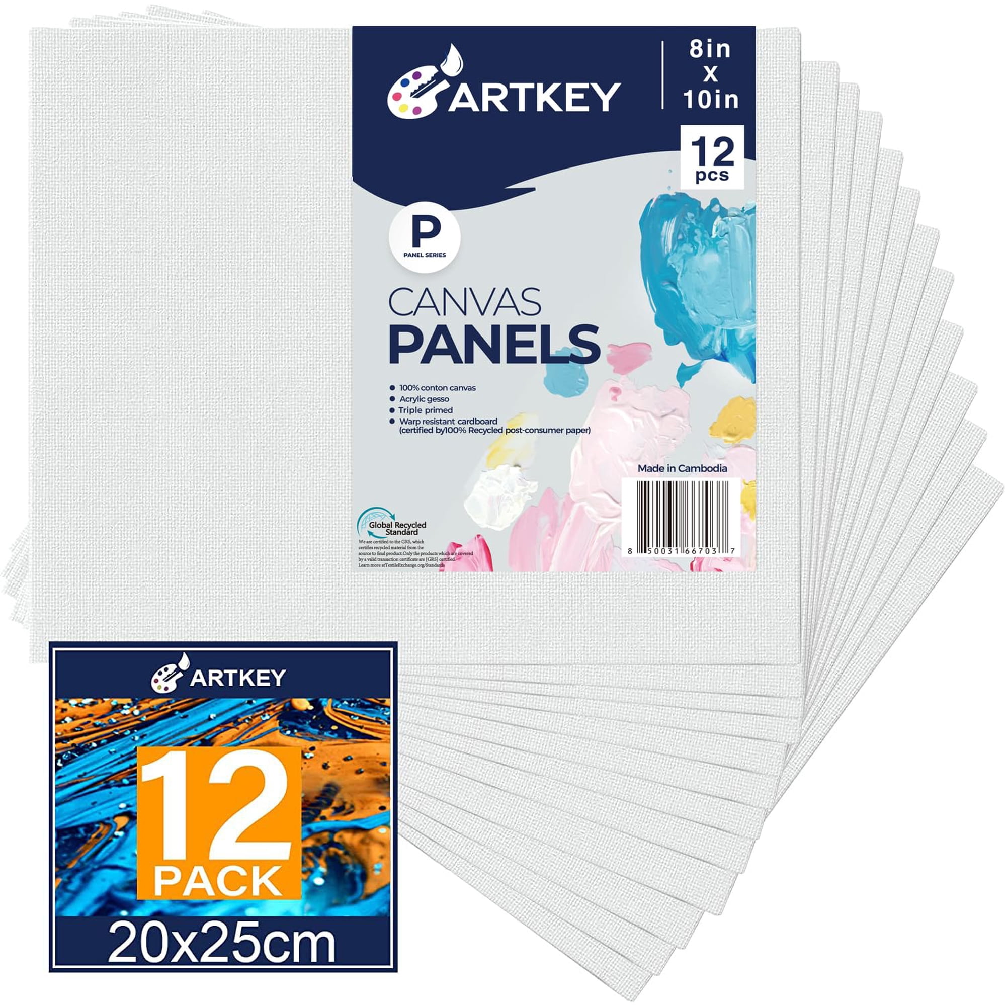 Tableros De Lona Artkey, 20 X 25 Cm, 12 Unidades, 300 Ml, Imprimados, 100% Algodón