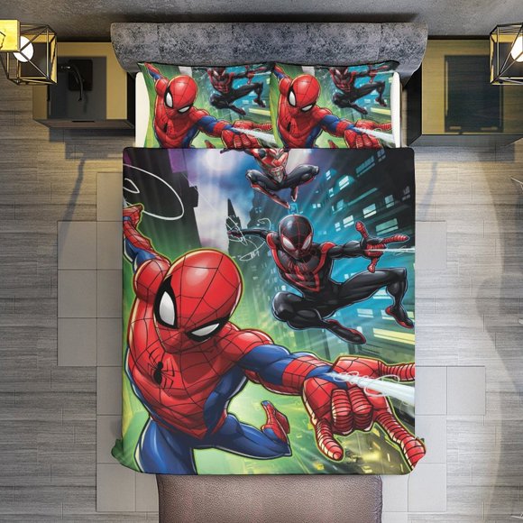 Miles Morales and Spider-Man 3 Piece Sets Full/Queen Size - Reversible Microfiber Quilts with 2 Shams Soft Lightweight Bedspread Coverlet Comforter for All Season Bed Sheets