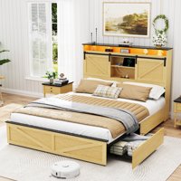 M&Ms - Farmhouse Full Size Bed Frame With Storage Headboard And Drawers,Charging Station & Led Lights,Natural