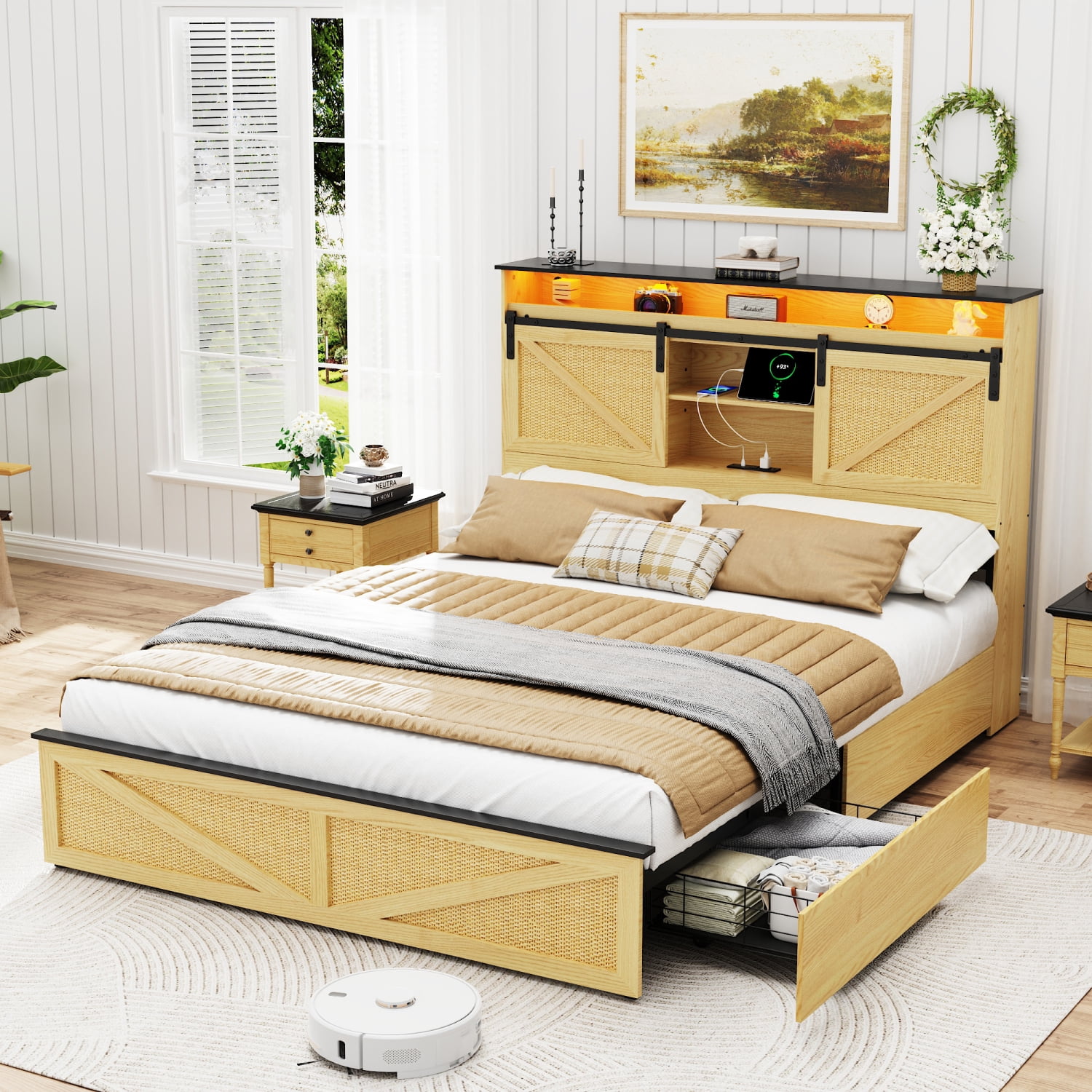 Farmhouse Full Size Bed Frame with Storage Headboard and Drawers ...