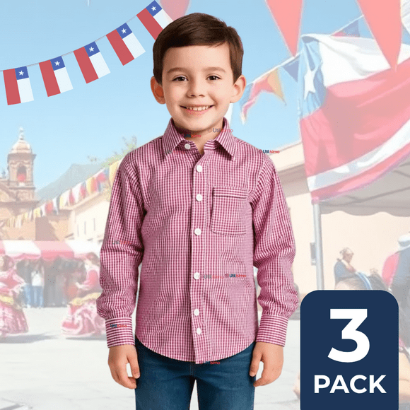 Pack 3 Camisa Huaso Cuadrillé Algodón Niño Juvenil Color Rojo