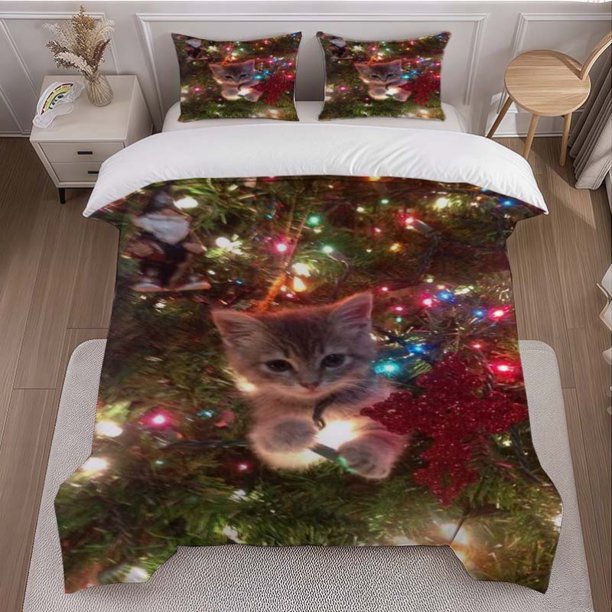 Kitten Hiding Christmas Tree Themed Bedding Set Soft and Comfortable for All Seasons Ideal for Home and Bedroom Decor