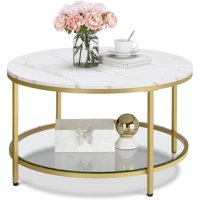 Casa Vinte - Mesa De Centro Redonda Blanca Marmolada Y Dorado Ekero