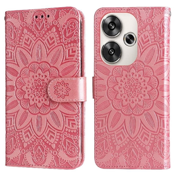 Funda tipo cartera FOXDOCK para Xiaomi Poco F6 , diseño girasol en relieve, cuero PU, cierre magnético, soporte y tarjetero