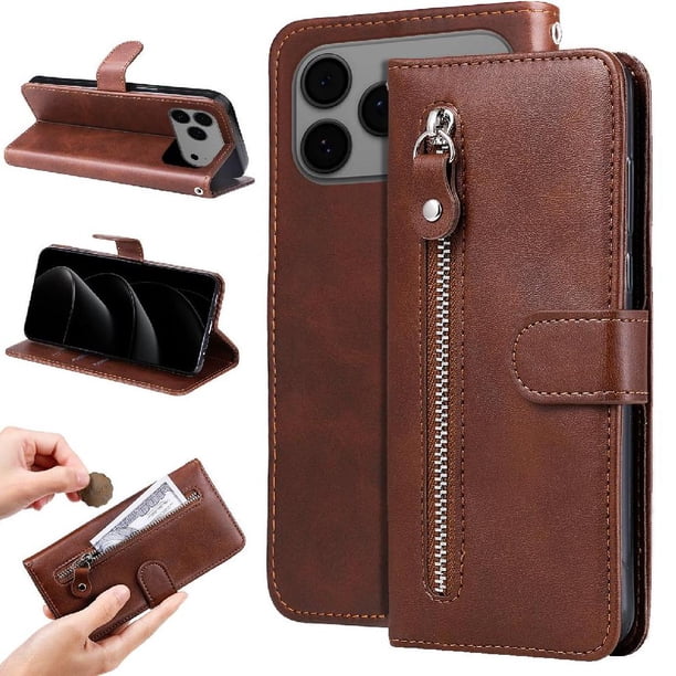 Funda tipo cartera para iPhone 17 Pro Max con bolsillo con cremallera y ranuras para tarjetas – Función de soporte Marrón