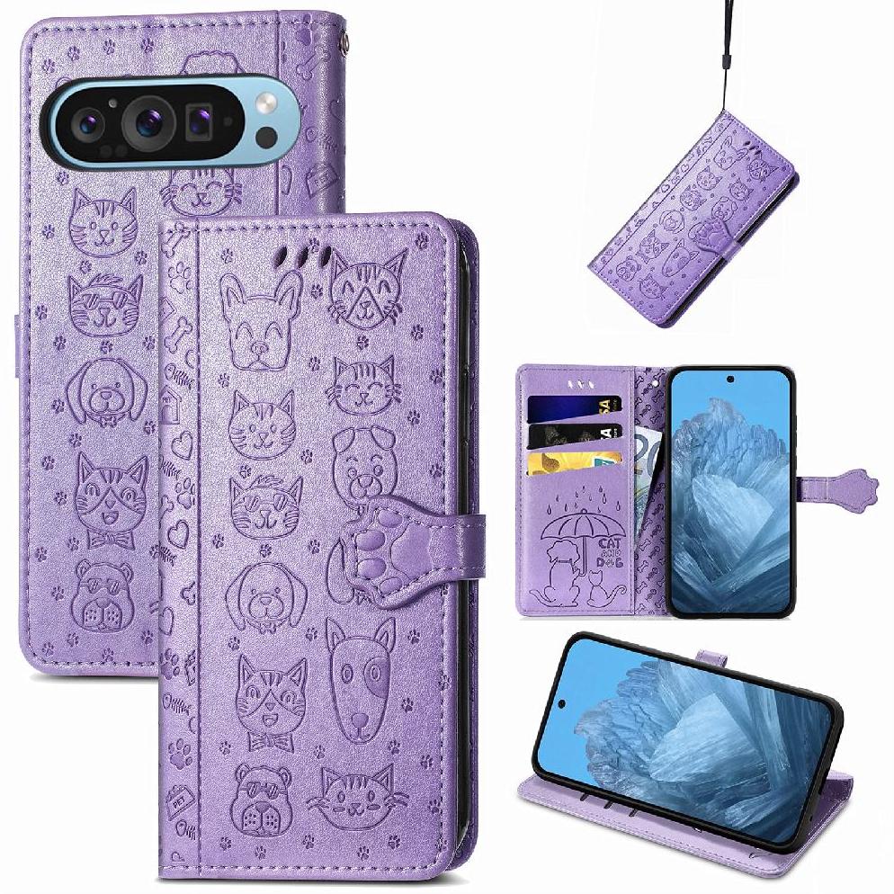 Funda Cartera Foxdock Para Google Pixel 10/10 Pro , Flip Pu Con Relieve De Gatos Y Perros, Tarjetero Y Soporte