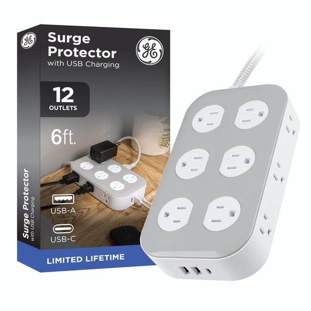 Regleta GE de 1,8 m con puertos USB‑A/C y 12 enchufes, protector contra sobretensiones