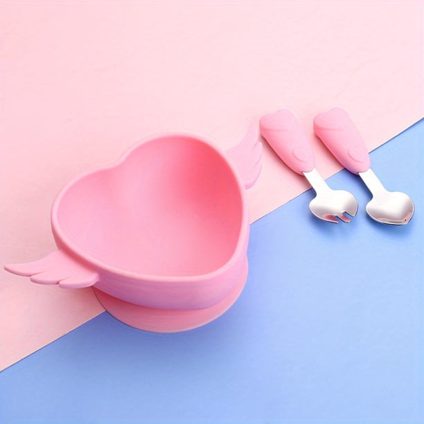 1set Heart Shaped Silicone Bowl Set With Spoon And Fork, Baby Cutlery Set With Storage Box For Self-Feeding Training, Baby Elbow Food Supplement Fork Spoon, Bendable Rice Spoon, Food Silicone Elbow Sp