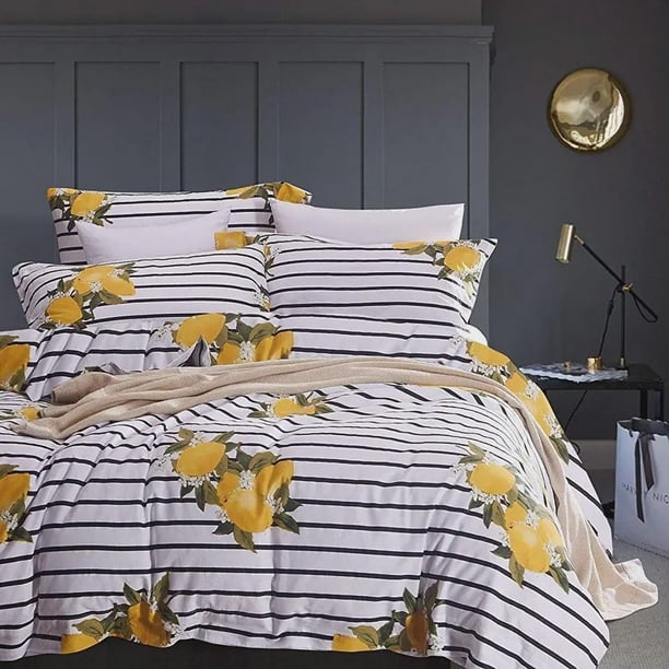Striped Yellow Lemons Pattern Quilt Duvet Cover Set Bedspread Cover3-Piece Bedding Set (1 Duvet Cover + 2 Pillow Shams)