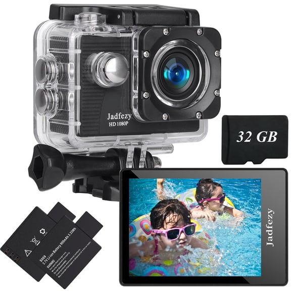 Cámara de Acción Jadfezy FHD 1080P Sumergible hasta 30m con Tarjeta de 32GB