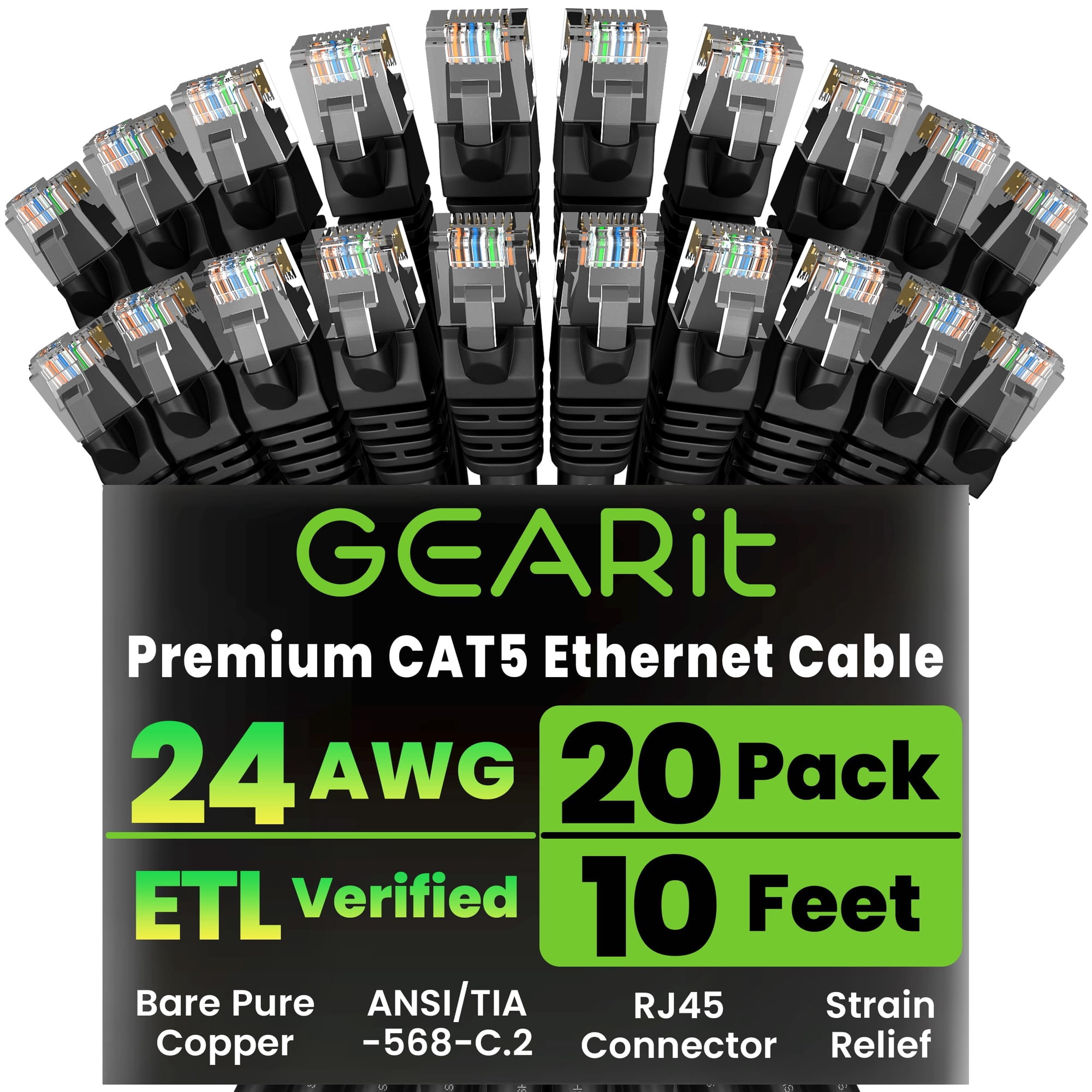 Cable De Conexión Ethernet Gearit Cat5e De 10 Pies, 20 Unidades, Negro