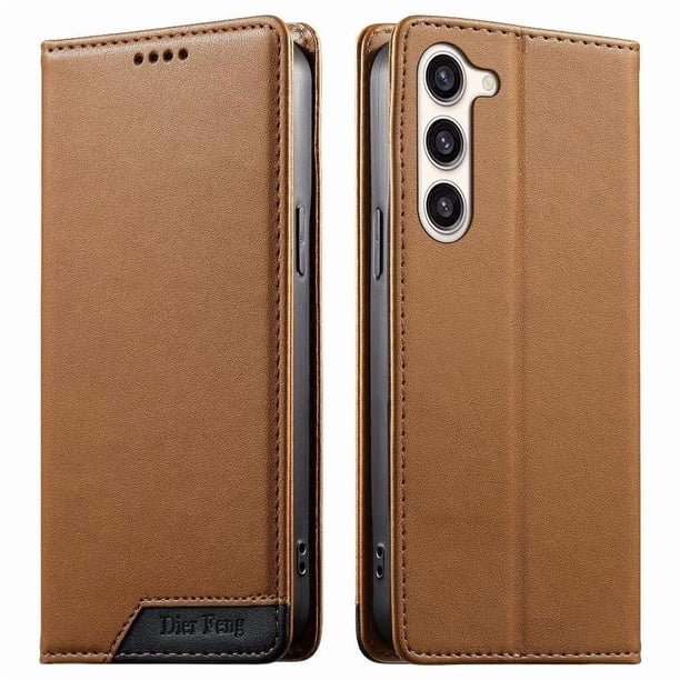 Funda Tipo Cartera de Cuero Sintético para Samsung Galaxy S23 Plus Bloqueo RFID, con Ranuras para Tarjetas y Bolsillo para Efectivo, Cierre Magnético Fuerte Marrón