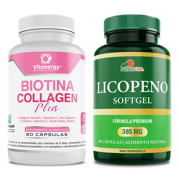 Biotina Colágeno Plus Vitenergy + Licopeno Antioxidante Pack Oferta para Cabello, Piel y Uñas