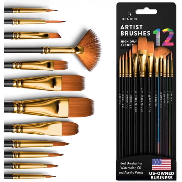 Set de 12 pinceles Benicci de nylon ergonómicos para acrílico y óleo