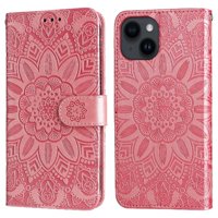 Funda Tipo Cartera Foxdock Para Iphone 15 , Diseño Girasol En Relieve, Cuero Pu, Cierre Magnético, Soporte Y Tarjetero