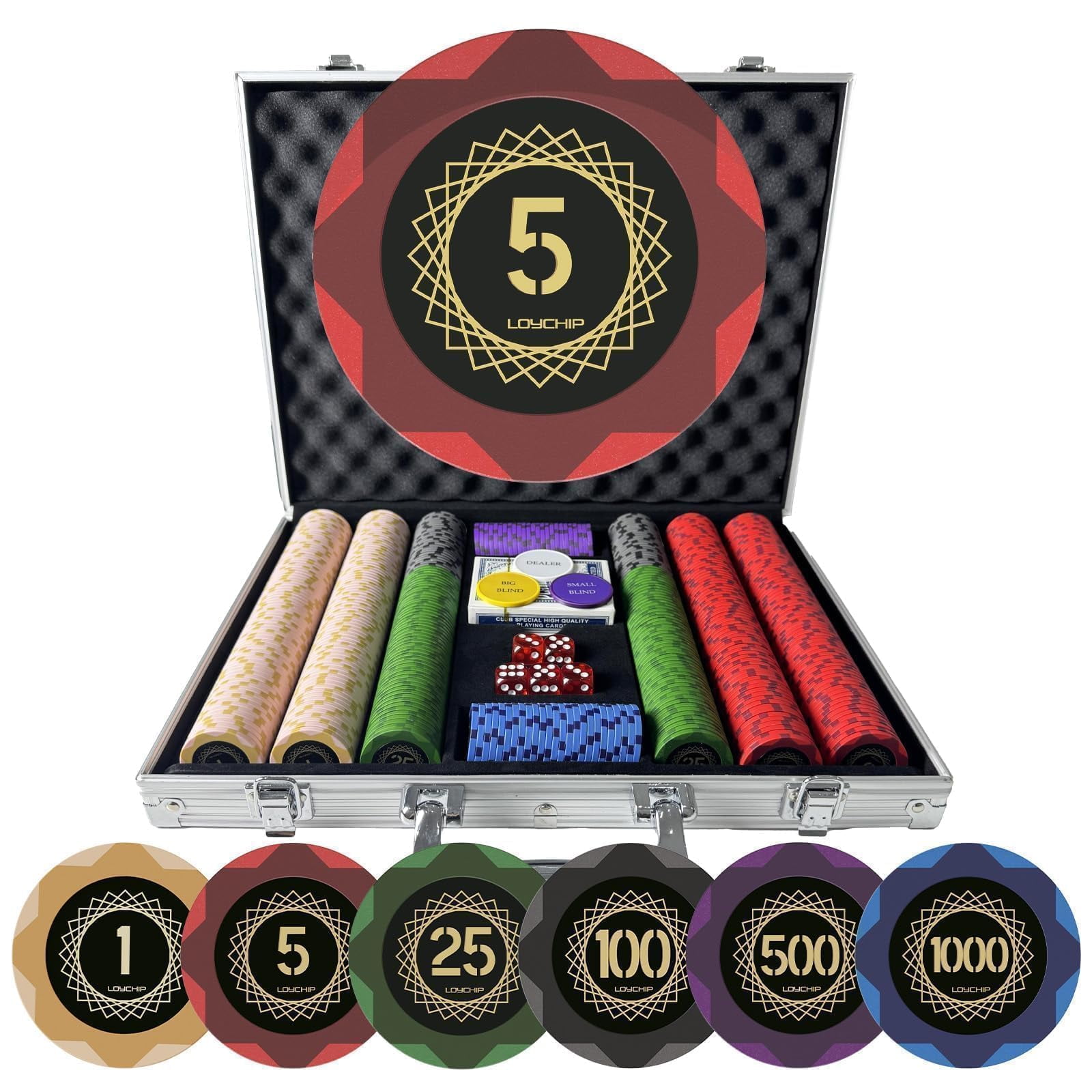 Set De Fichas De Póker Loychip De 500 Piezas, 14 G, De Arcilla, Con Estuche, Cartas Y Dados