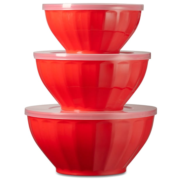 Godinger tazones para mezclar con tapas, juego de tazones de plástico apilables, aptos para microondas, 3 tazones y 3 tapas