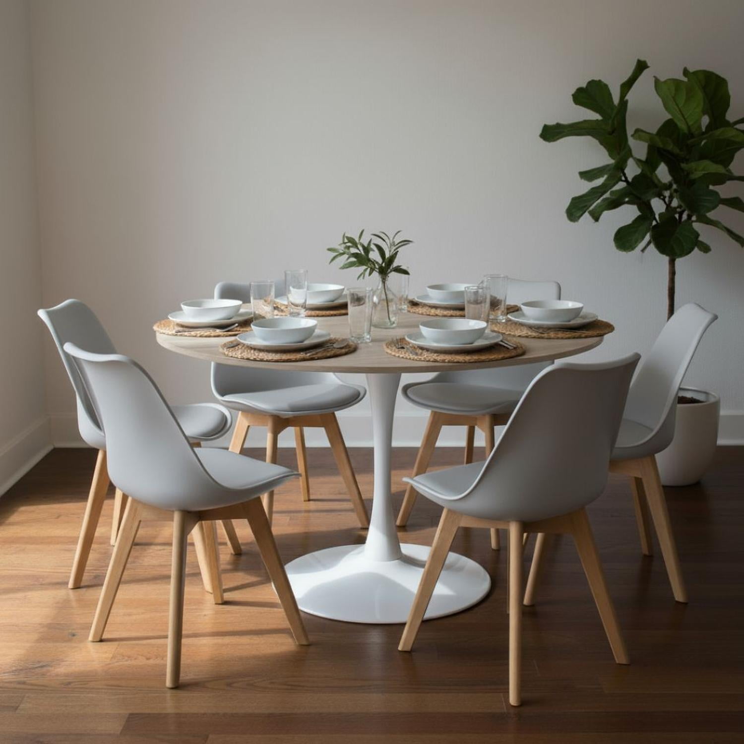Pandalino - Comedor Mesa Tulip 120 Cm (cubierta Efecto Madera) + 6 Sillas Tulip Gris