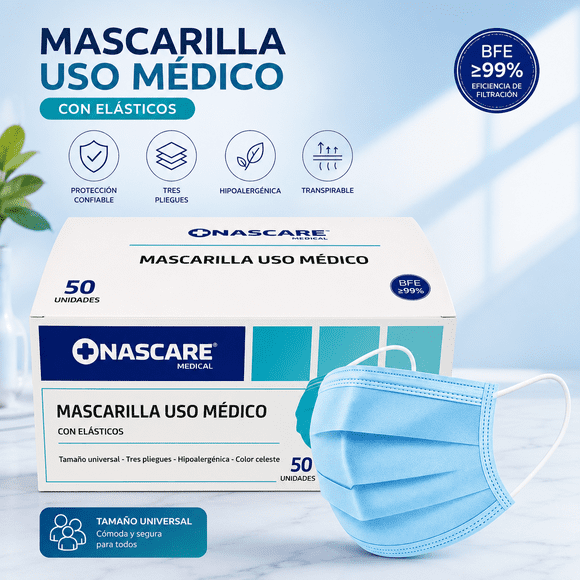 Mascarilla Médica 3 Pliegues Celeste Caja X50 Nascare Nascare