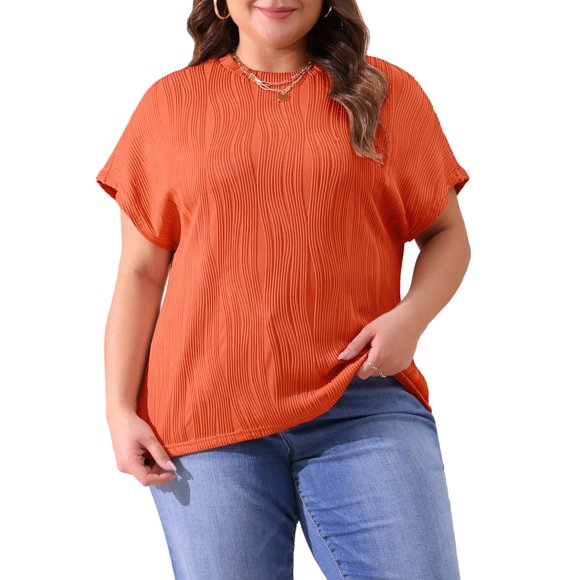 Agnes Orinda Blusas Casuales de Manga Corta con Cuello Redondo Texturizado para Mujer de Talla Grande 4X Naranja