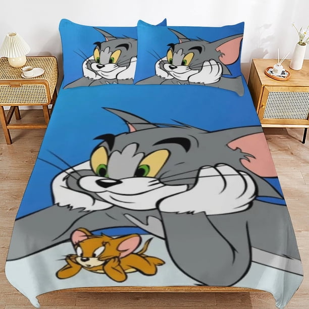 Tom And Jerry Cartoon Bedding Sets Ultra Soft Skin-Friendly Duvet Cover 3 Piece, Cute Comforter Cover Bed Set for Boys Girls Kids
