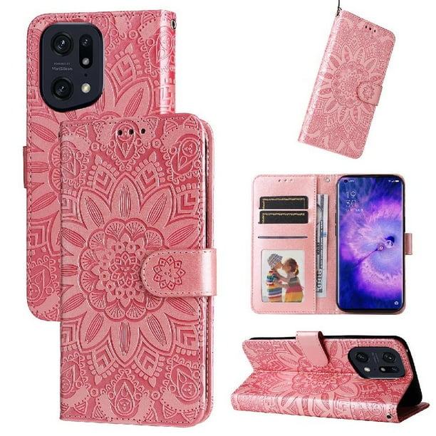 Funda tipo cartera FOXDOCK para OPPO Find X5 Pro , diseño girasol en relieve, cuero PU, cierre magnético, soporte y tarjetero