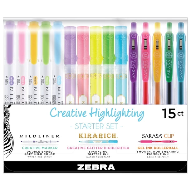 Set de papelería Zebra Pen Creative Starter, paquete de 15 con 5 iluminadores, 5 rotuladores y 5 bol