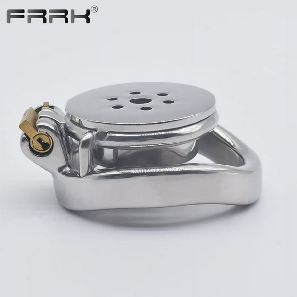 FRRK Small Short Sissy Negative Chastity Cock Cage Device with Cylinder Inverted Steel Penis Rings Flat BDSM Sex Toys for Adults