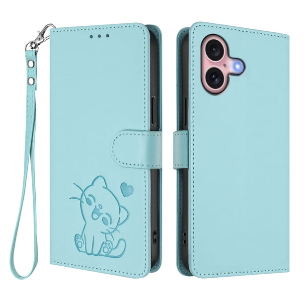 Funda Volteable con Diseño de Gato para iPhone 16, Verde Claro