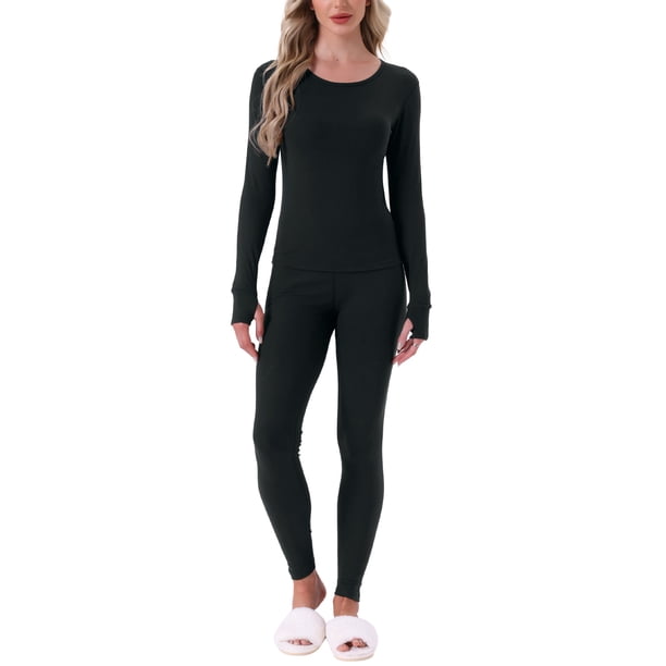 INSPIRE CHIC Conjunto de Ropa Interior Térmica para Mujer, Capa Base Suave de Manga Larga con Agujeros para los Pulgares y Leggings para Climas Fríos de Invierno M Negro