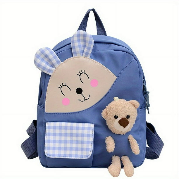 1pc Children's Cartoon Rabbit Plaid Backpack With Plush Teddy Bear, Sweet Cute Lightweight Backpack Casual Travel Backpack Kindergarten Kids School Bag