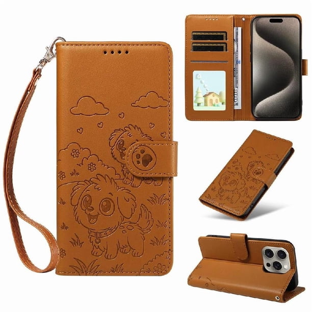 Funda Billetera FOXDOCK Compatible con iPhone 15 Pro Max, Diseño Perrito Tierno, Ranuras para Tarjetas y Soporte Plegable