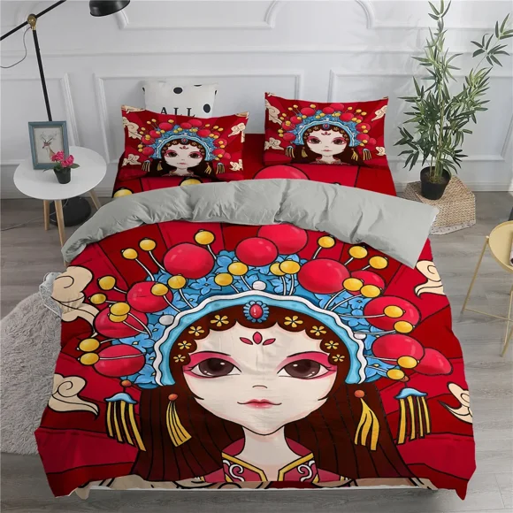 x1508 Bed SheetsPe Opera Duvet Cover Set / Size,Chinese Traditional Opera Culture Combined with The Theme of Modern Art Quilt Cover 3-Piece Bedding Set (1 Duvet Cover + 2 Pillow Shams) nj1508