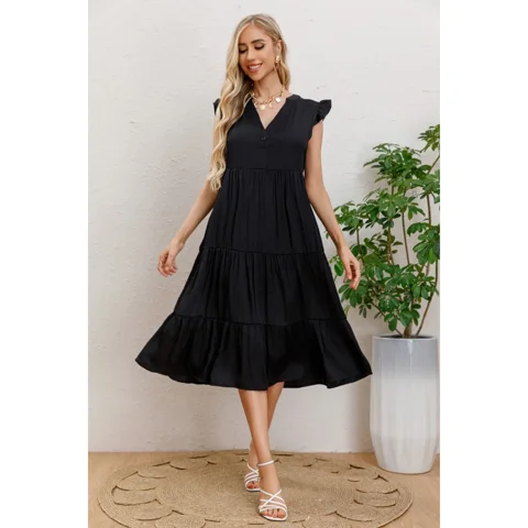 Likeshop - Vestido Largo Algodon Primavera Mujer Cuello Mao Manga Corta 3322